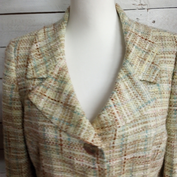 Tahari Arthur S Levine 10PGreen Tweed 3 Button Lined Blazer Padded Shoulders - Picture 2 of 12